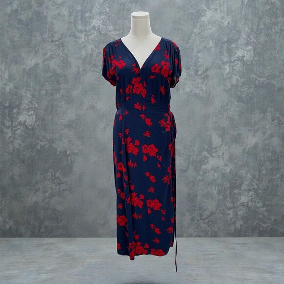Womens Wrap Dress Red Floral Navy Midi V Neck Cottagecore Soft Girl Preppy M - Picture 1 of 8